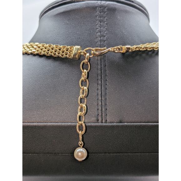 Vintage Gold Tone Panther Chain Link Teardrop Faux Pearl 15.5"-18" Necklace - Picture 6 of 7